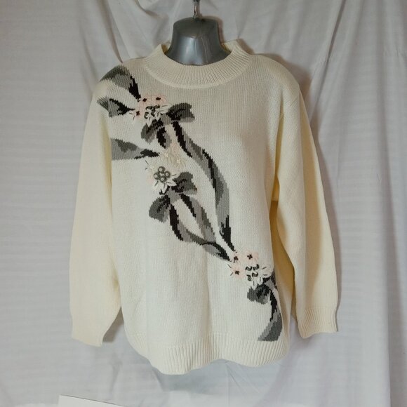 ALIA Pink White Embroidered Knit Pullover Sweater Size L Grannycore 1980s - Picture 1 of 13